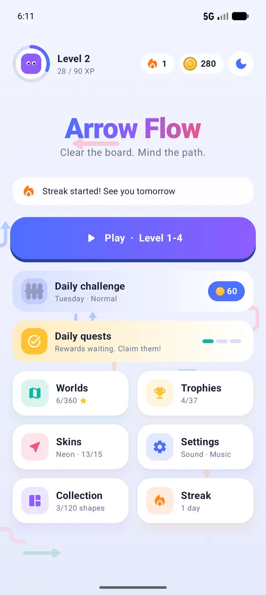 Arrow Flow home screen with daily challenge and quests