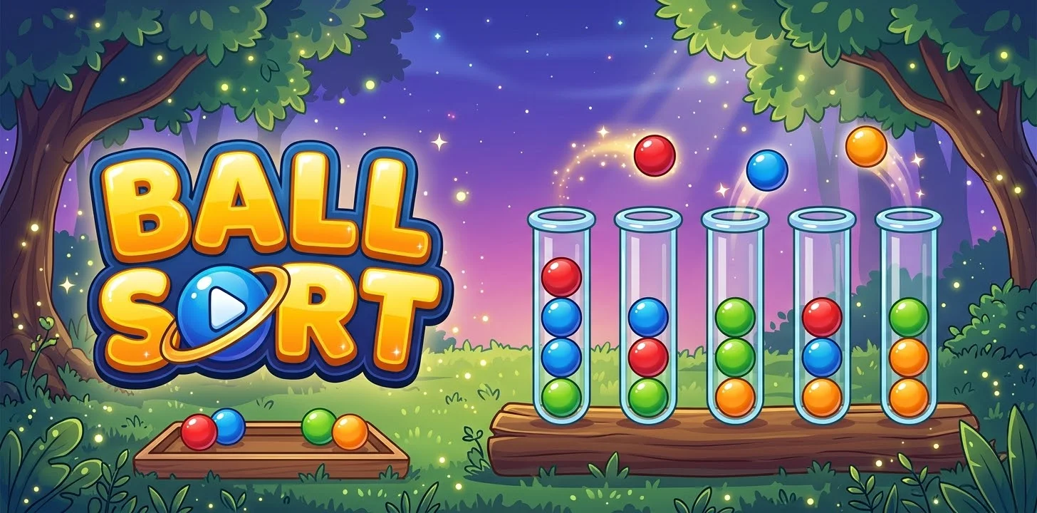 Ball Sort logo with glass tubes and glossy balls in an enchanted forest