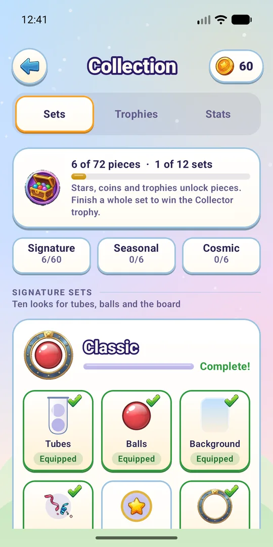 Ball Sort collection of unlockable items