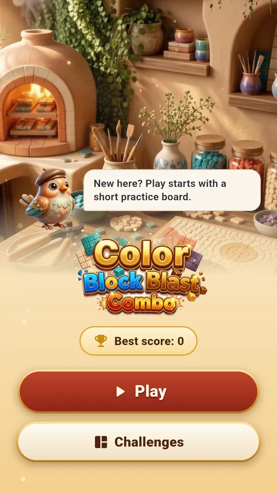 Home screen with Pip the bird in a cozy tile studio