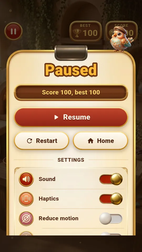 Pause menu with score and settings