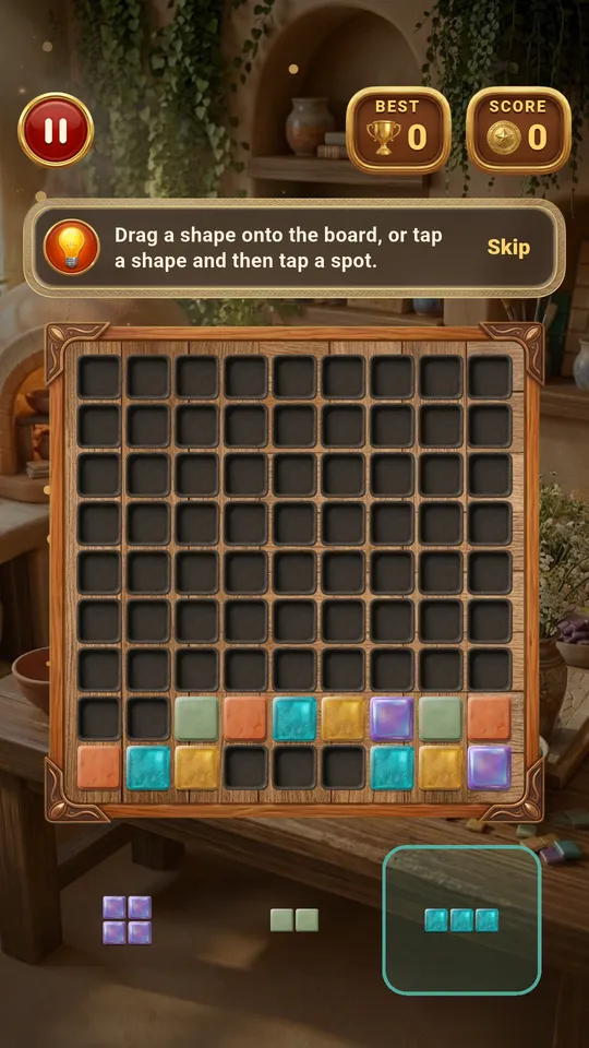 A 9 by 9 board with colored tiles and three pieces in the tray