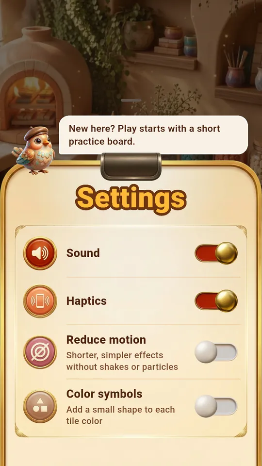 Settings with sound, haptics, reduce motion and color symbols