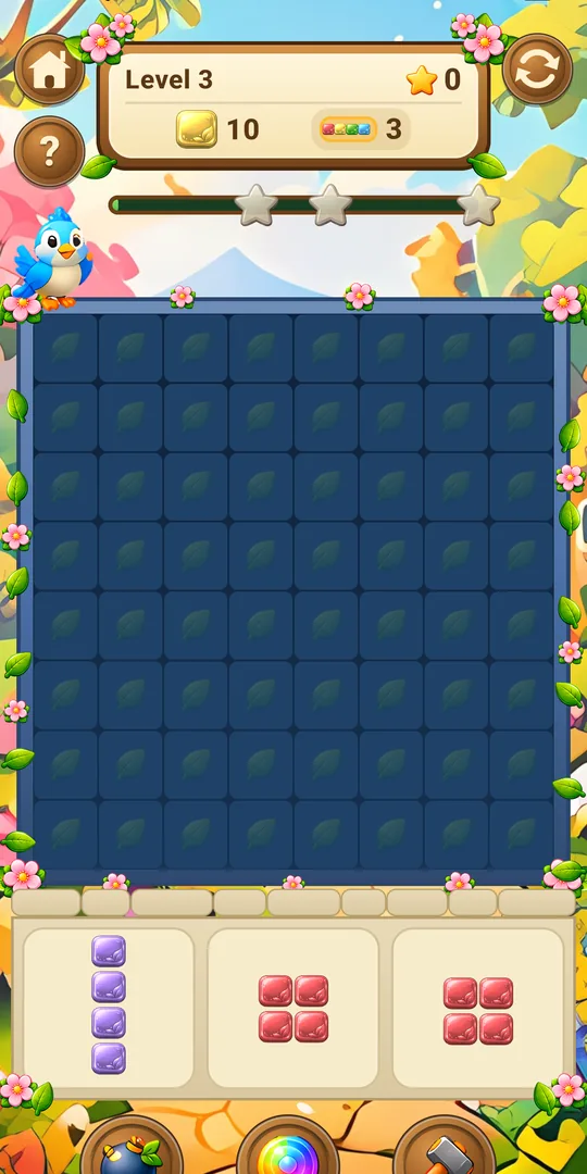 An 8 by 8 board with block pieces waiting in the tray