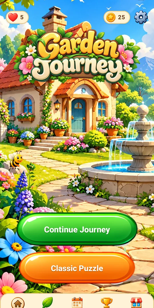 Garden Journey home screen with a cottage garden and Continue Journey button