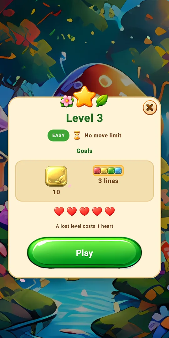 Level 3 start card with goals and five hearts