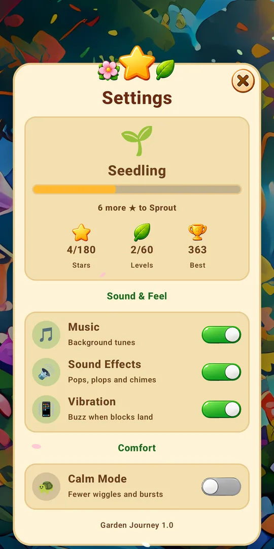 Settings with rank progress and Calm Mode