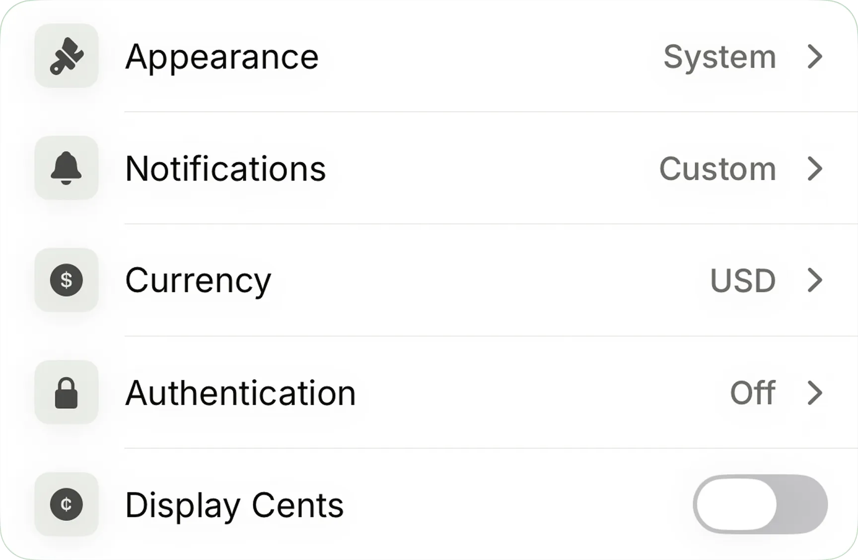 App settings panel